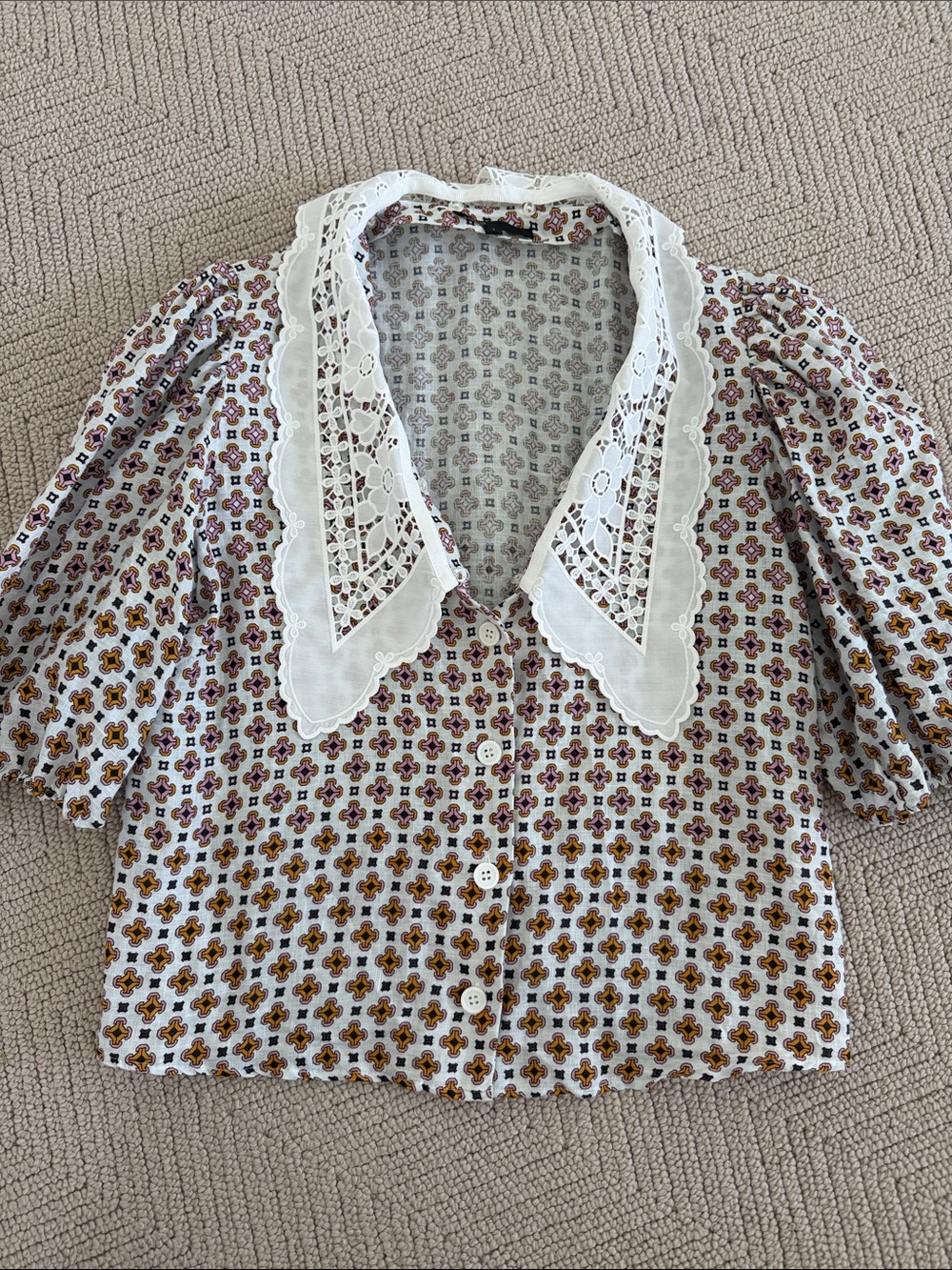 Maje White Floral Button-Front Top with Lace Collar